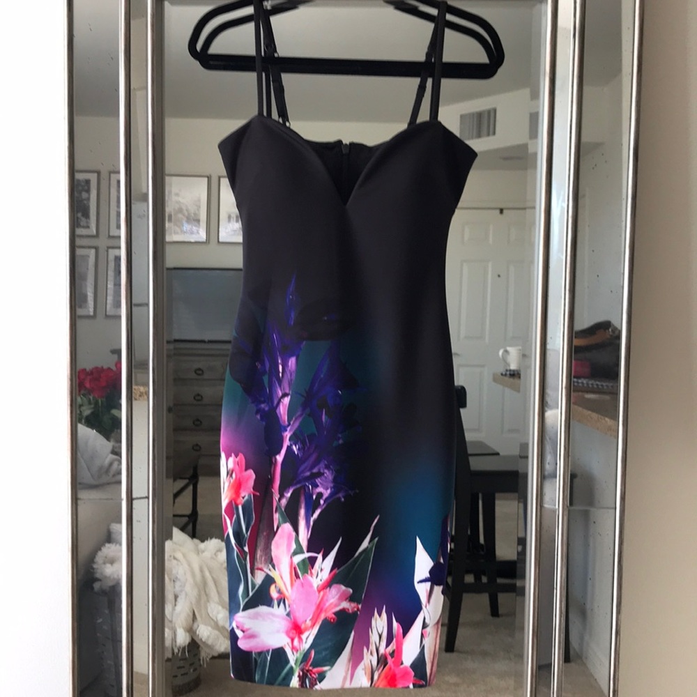 Black floral cocktail dress from Bebe